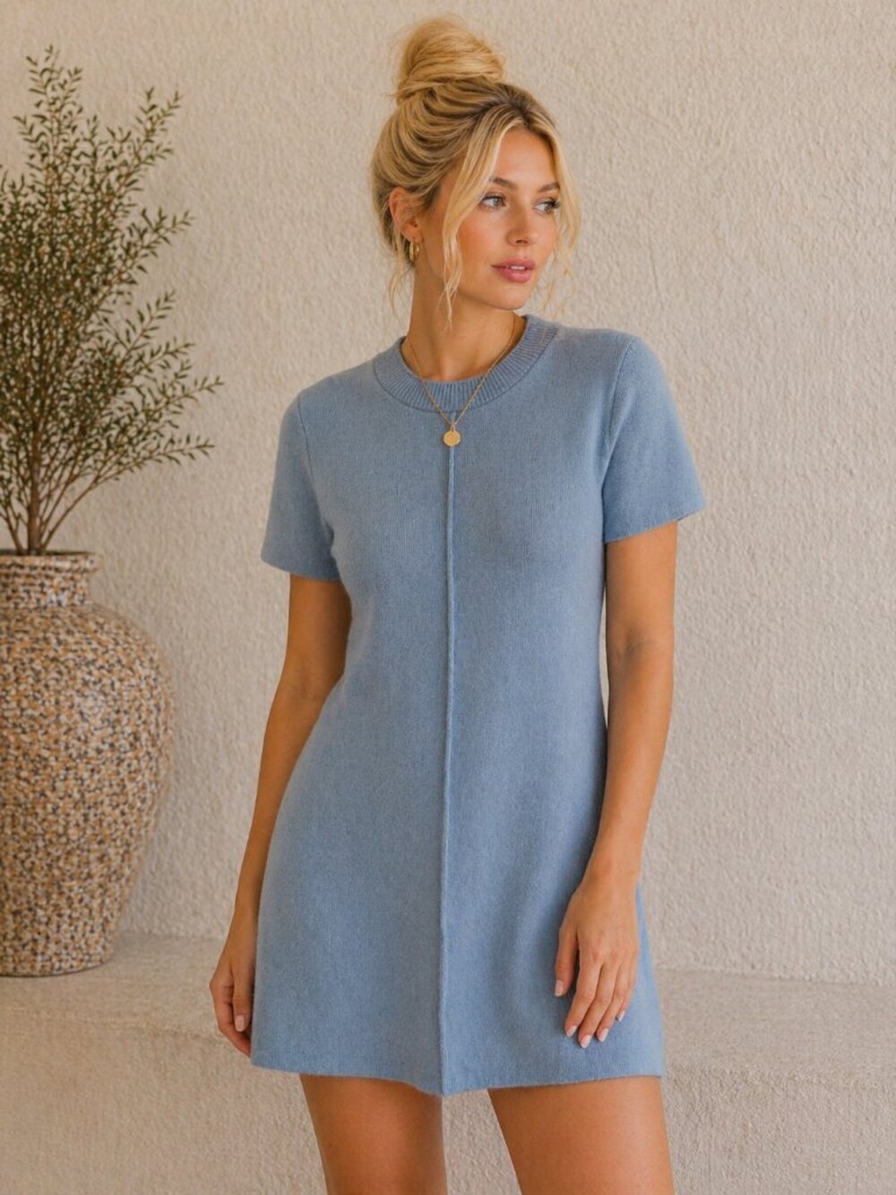 Copper Key Blue Sweater Dress Short Sleeve Knit Shift Dress XS